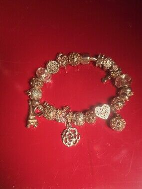 Rose Gold Euro Charm Bracelet  Eiffel Tower Sweet Heart Camellia Charms - 7inch